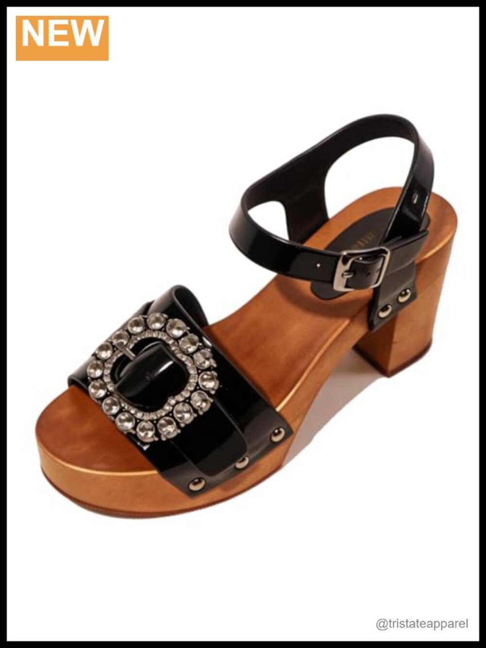 Patent Leather Wooden Clog Sandals with Ankle Strap Handcrafted Platform Heels